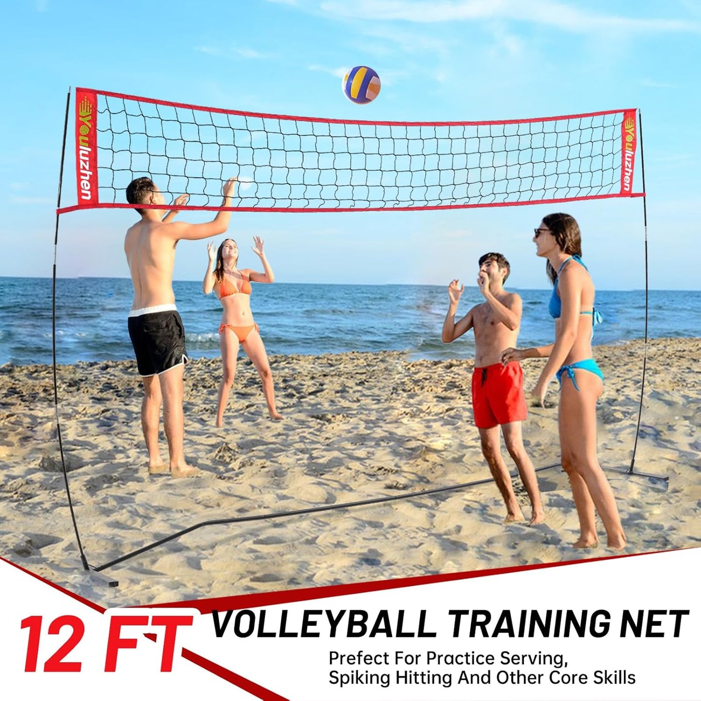 12FT Portable Volleyball Net for Backyard - Freestanding Beach Volley Ball Set Height Adjustable with Carry Bag, Outdoor/Indoor Practice Nets Training Equipment for Hitting or Serving Drills