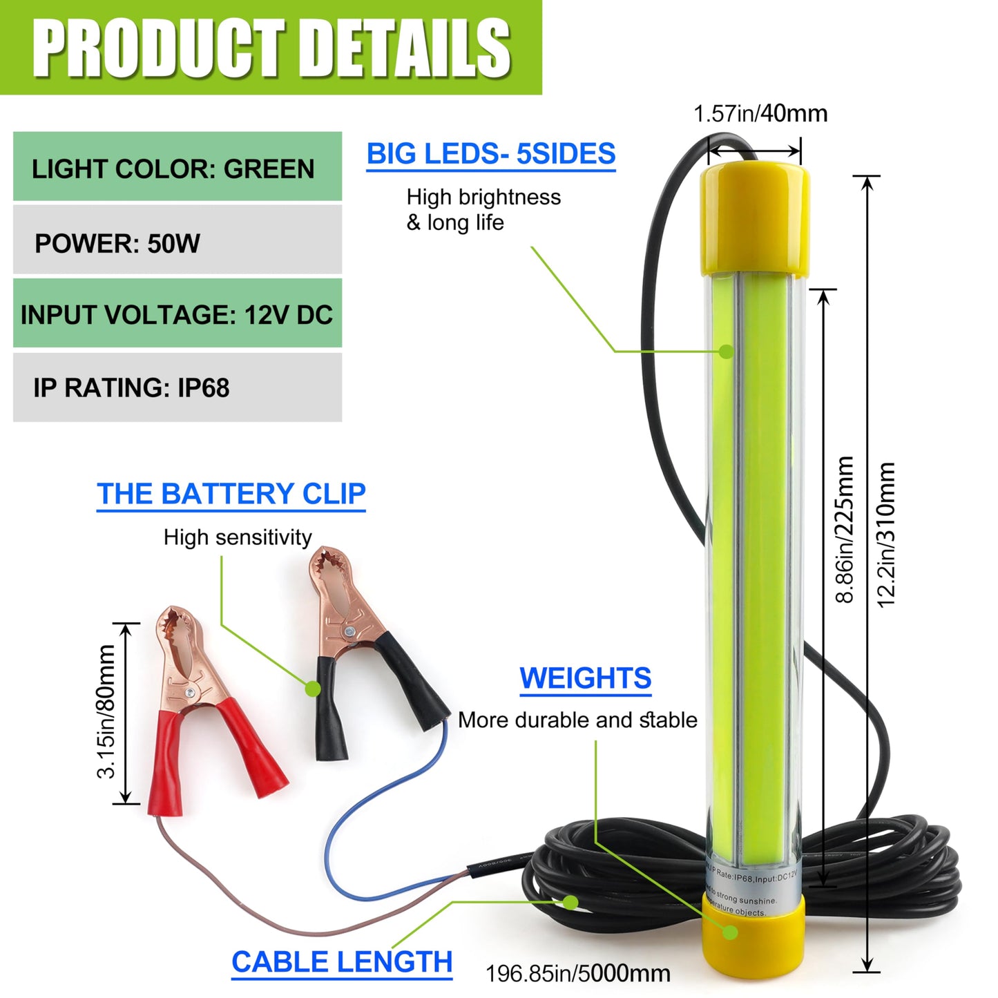 JOGFFDE Underwater Fishing Light 30000 Lumens 50W 12V 16.5ft Wire Green Night Fishing Finder Attractor LED Submersible Light Deep Drop Fish Bait Finder for Docks, Boats,Kayaks