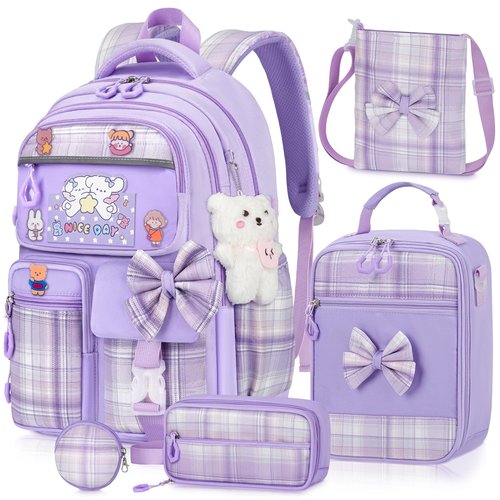 LEWKANA Girls Backpack with Lunch Box Set, 5pc Purple Cute Kawaii Bookbag for Teens, Aesthetic School Backpack for Elementary