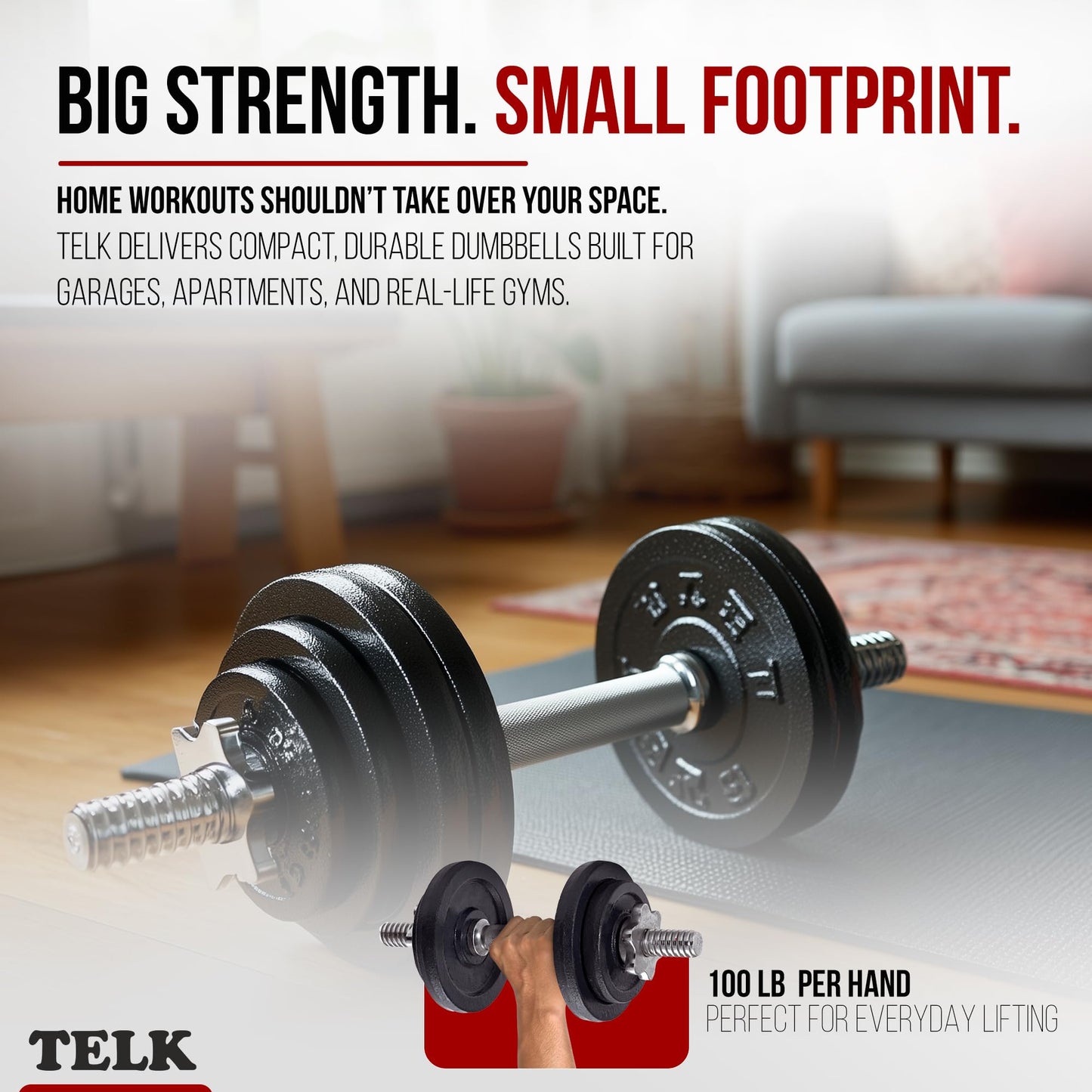 TELK – Adjustable Dumbbell Set 200 (100lb x 2) – Home Gym Weight Set with Baked Enamel Cast Iron Plates – Space-Saving Free Weights for Strength Training