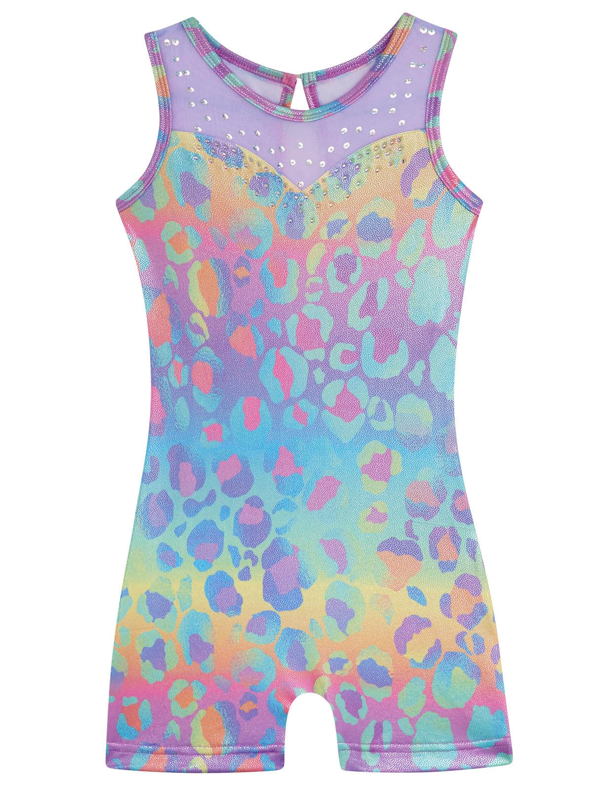 HOZIY Gymnastics Leotards for Girls 2t 3t Mesh Neckline with Iridescent Rhinestones Back Cut Out Sleeveless Colorful Leopard Biketard Shorts Tumbling Outfits Toddler Kids Sparkly Shiny