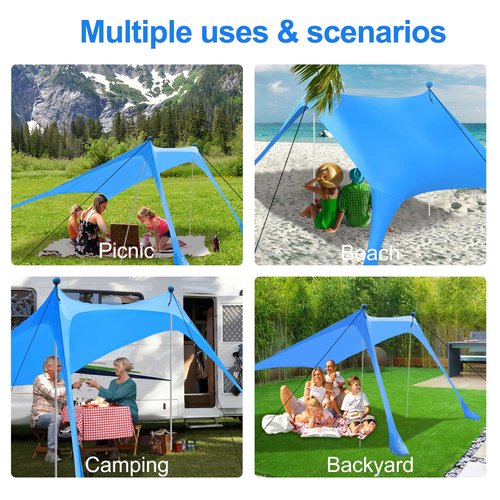 Beach Canopy Tent Sun Shade with UPF 50+ UV Protection, Beach Tent Sun Shelter with Sandbags, Poles and Ground Pegs and Anti-Wind Ropes for Outdoor, Camping, Backyard and Picnics