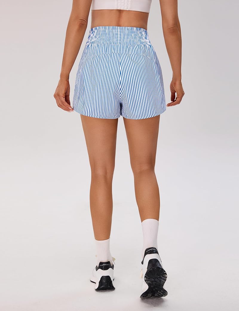 BMJL 2.5" High Waisted Athletic Shorts with Zipper Pocket - Blue Striped, Medium