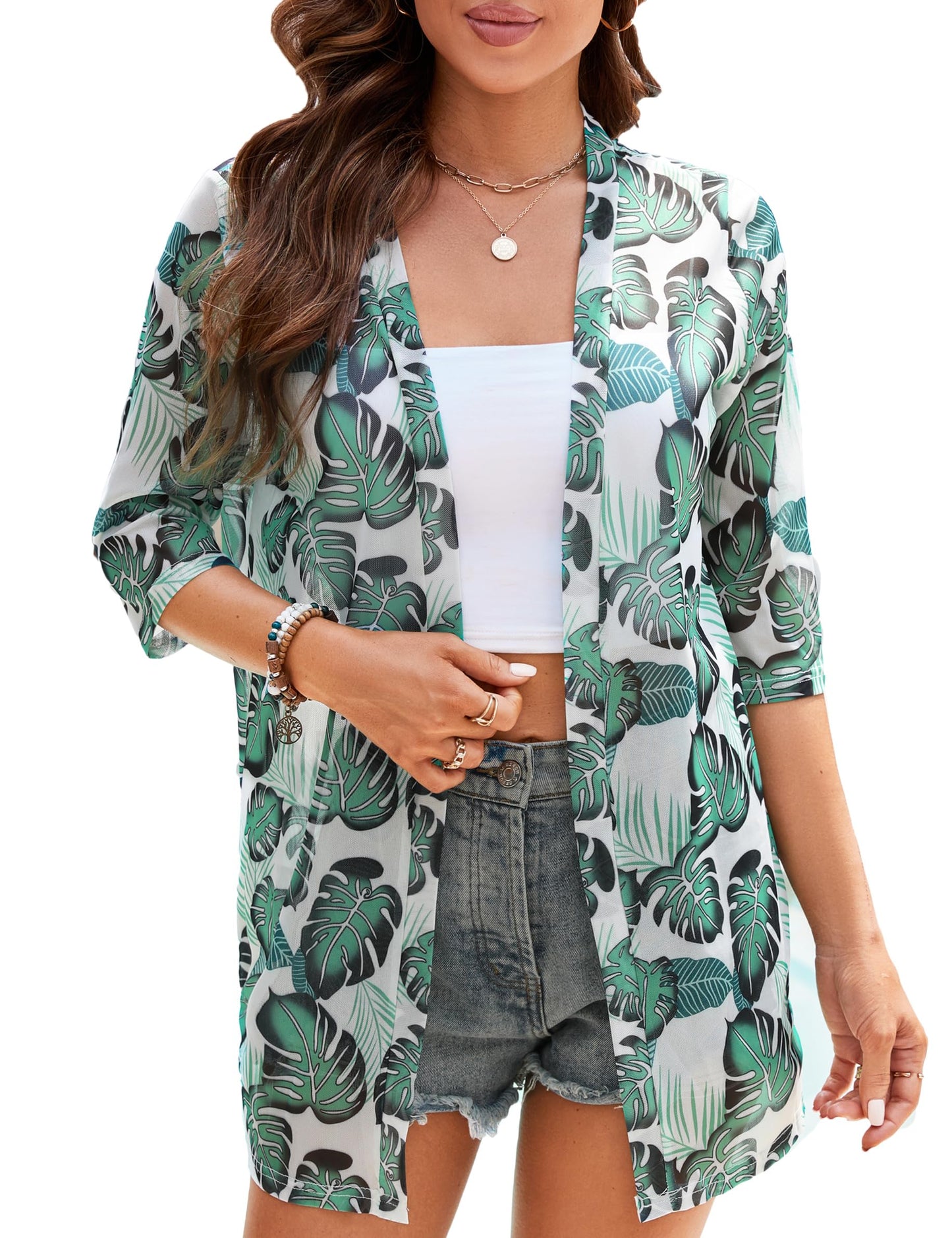 iClosam Women Casual 3/4 Sleeve Sheer Open Front Kimono Dressy Cardigan Summer Floral Tops Loose Beach Cover Ups