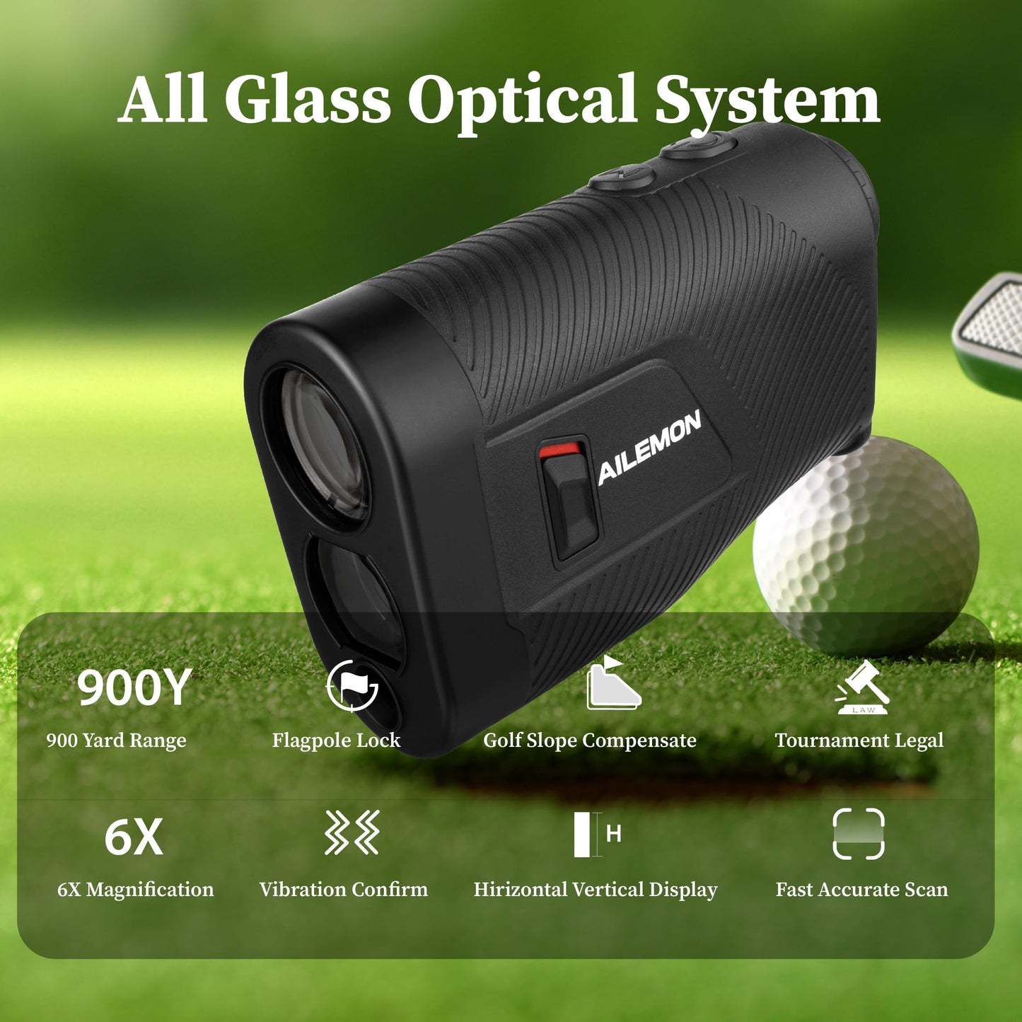 AILEMON Golf Rangefinder with Slope Switch, Flag Pole Locking with Pulse Vibration, 6X Magnification Laser Range Finder Golfing & Hunting, 900 Yards Rangefinders with Magnet Stripe (Black)