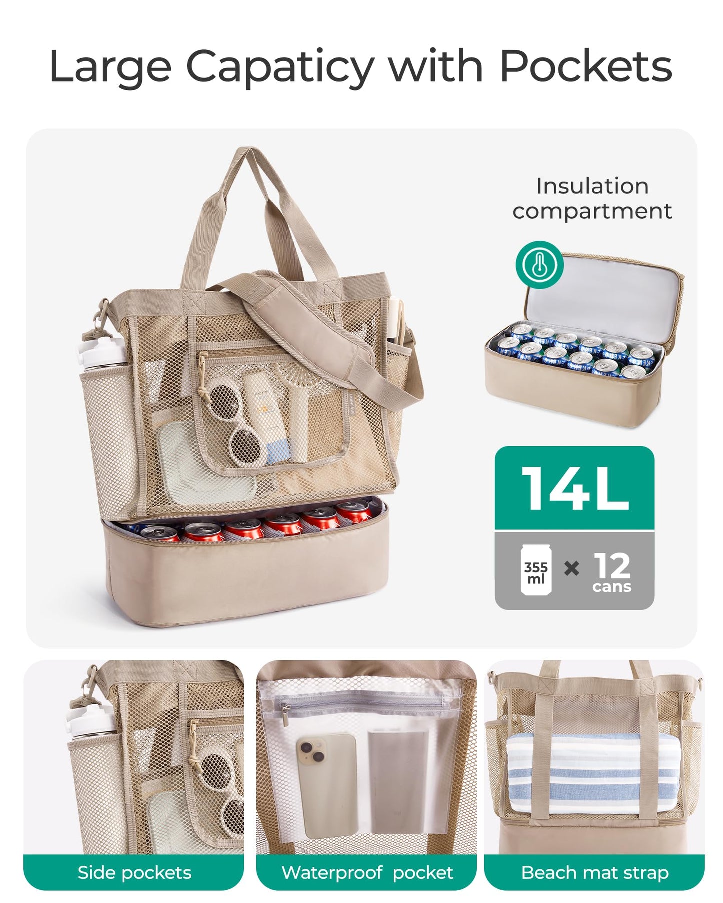 BAGSMART Beach Bag for Women, Mesh Tote Bags with Zipper, Sandproof Vacation Essentials with Cooler for Swim Cruise Pool, Camel