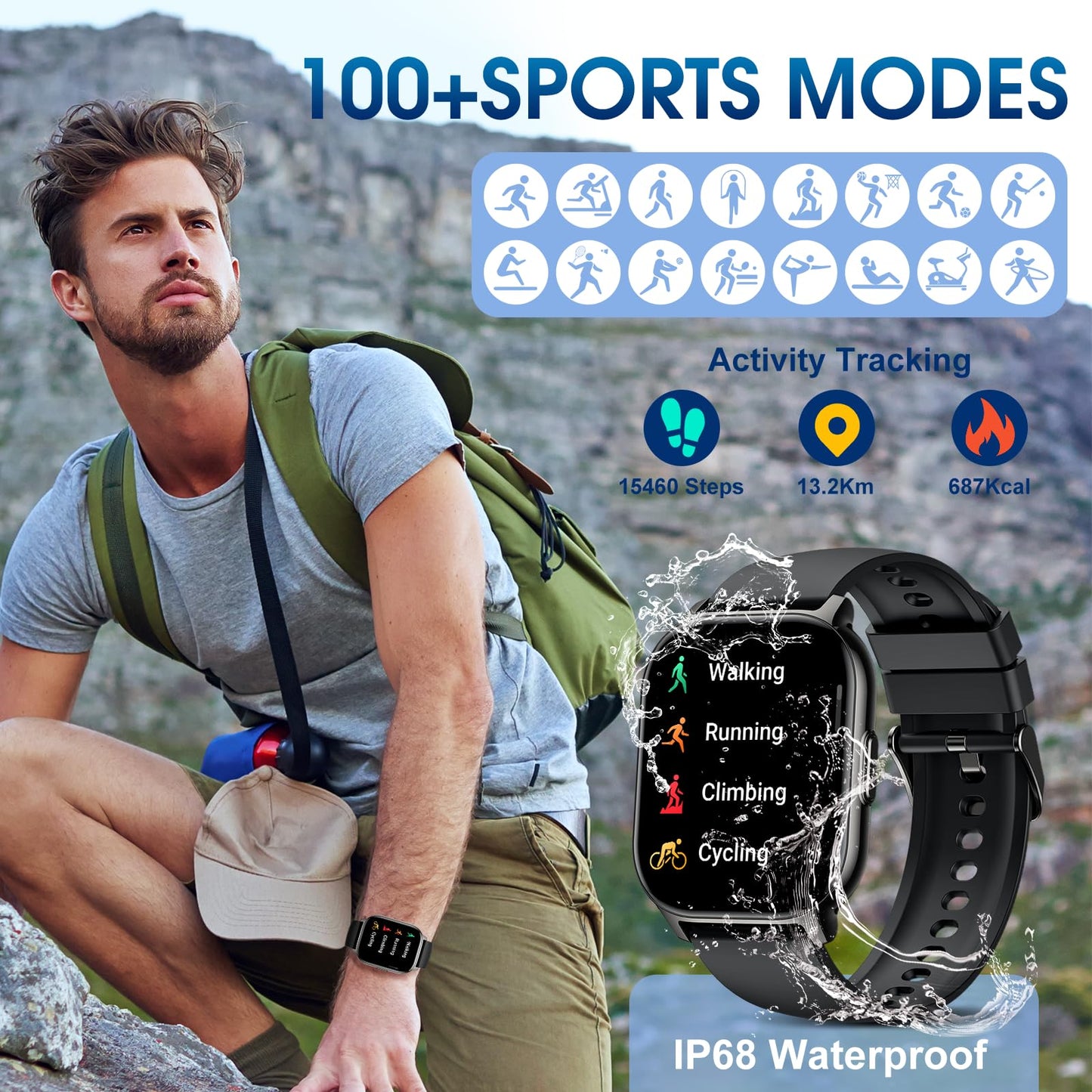BP Doctor Smart Watch(Answer/Make Call),120+ Sport Modes Fitness Tracker with Sleep Heart Rate Monitor, Pedometer, IP68 Waterproof Fitness Watch for iOS Android