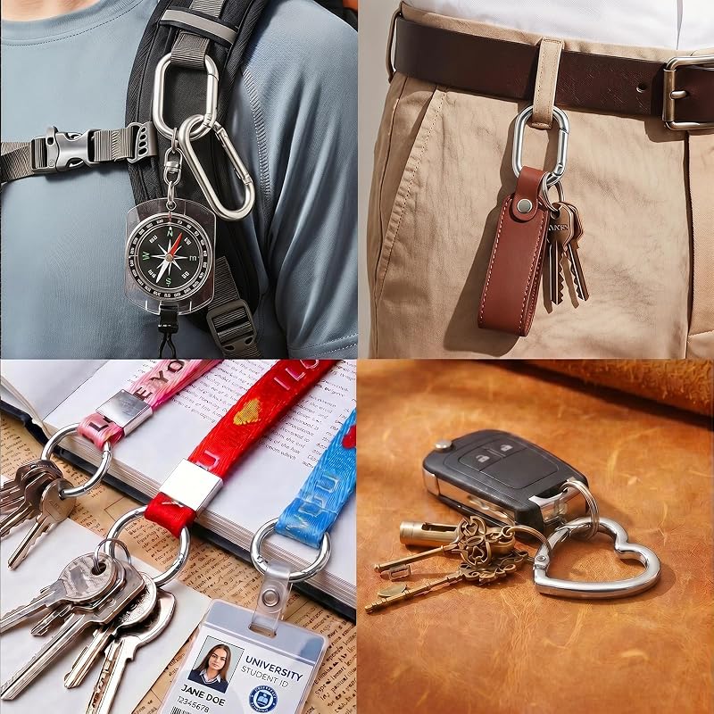 15Pcs Gold Oval, Silver Round & Heart Carabiner Clips Set – Keychain & Bag Charm Hardware (Variation: Silver Round 19mm, Oval 20mm, Heart 18mm)