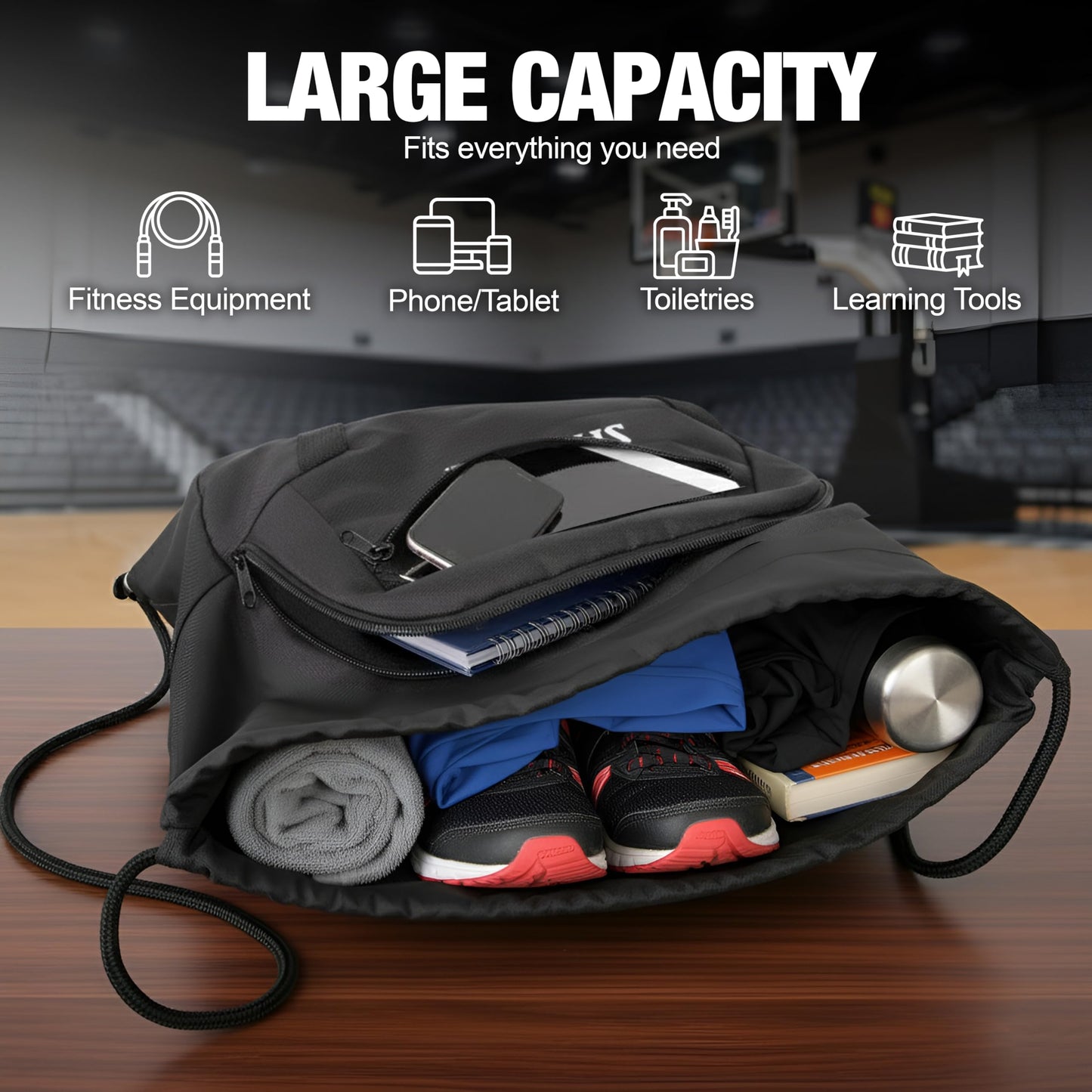 Spalding Drawstring Backpack Sports Bag, Black Waterproof Gym Bag Cinch Sack with Separate Shoe and Ball Holder, for Travel, Basketball, Sports, 4 Pack