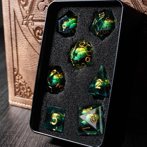 Premium Resin DND Dice Set - Liquid Core and Dragon Eyes - 7 Piece Sharp Edge RPG Game Accessories Including D4 D6 D8 D10 D% D12 D20 in Black Metal Box for Dungeon Masters and Starters