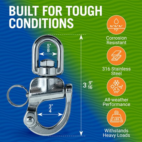 Better Boat Stainless Steel Quick Release Snap Shackles, 2-Pack, 3.5", 316 Marine Grade, Swivel Shackle for Sailing Rigging, SCBA Mask Clips, Spinnaker Halyard, and Sailboat Hardware