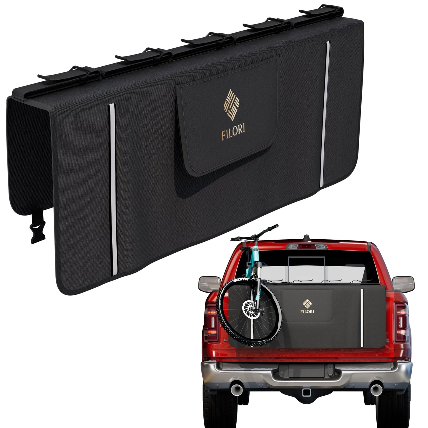 FILORI 5-Bike Tailgate Pad for Mountain Bike | No-Block Backup Camera, Waterproof Tool Pockets & Reflective Strips | Heavy-Duty Protection for Truck & Bikes | Universal Fit for Most Pickup Trucks