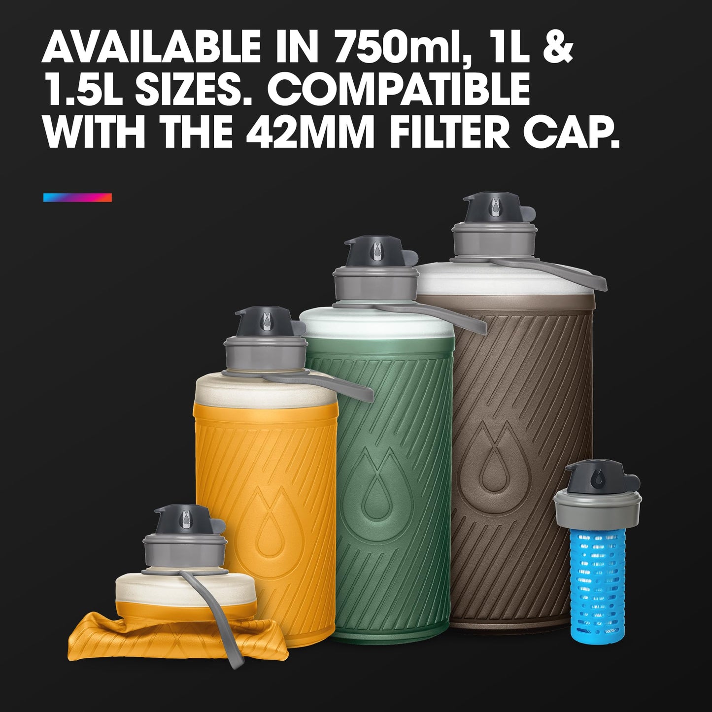 HydraPak Flux - Collapsible Backpacking Water Bottle (750ml) - BPA Free, Ultra Light, Spill-Proof Twist Cap - Mammoth Grey