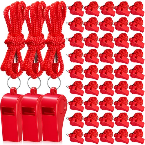 Flutesan 48 Pcs Plastic Whistles with Lanyard Sports Loud Crisp Sound Whistles Bulk for Coach Referees Training Emergency (Red)