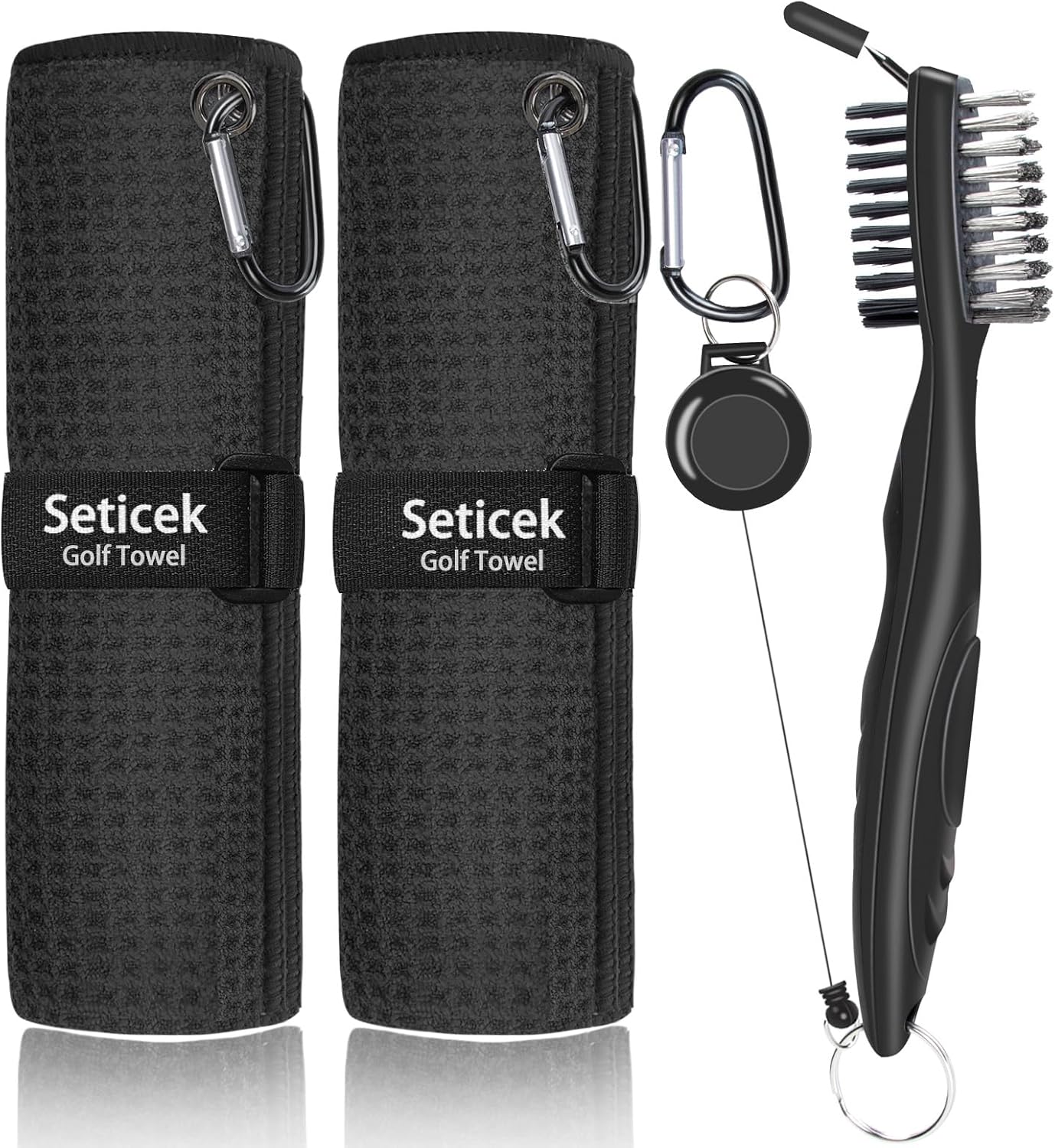 2 Pack Golf Towel (16" X 16") with Golf Club Brush, Microfiber Waffle Pattern Golf Towels for Golf Bags for Men,Essential Golf Combo Cleaning Kit (Black)