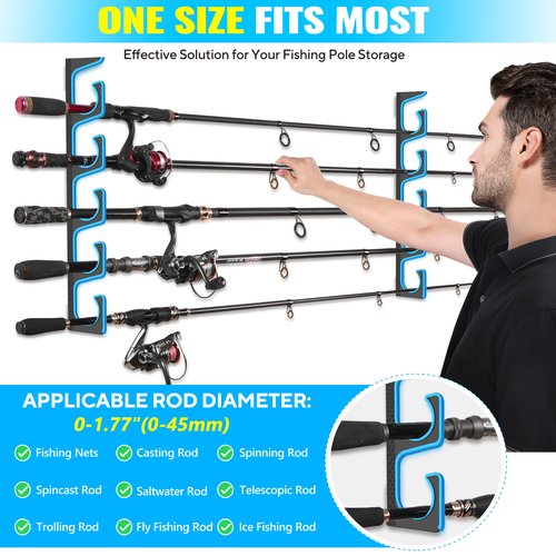 PLUSINNO H5P Fishing Rod/Pole Holders for Garage, Wall or Ceiling Mounted Fishing Rod Holder with Soft Protective Pad, Fishing Rod Storage Organizer Holds up to 5/10/20 Rod or Combos or Nets