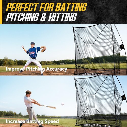 PodiuMax 7x7 Baseball & Softball Net with Upgraded Triangular Base, Large Ball Collection System, Softball Pitching Net with 2 Strike Zone, Baseball Nets for Batting Pitching Fielding