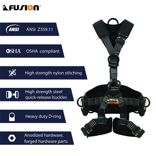 Fusion Climb Tac-Rescue, Construction Harness - Full Body Harness with 3D EVA Foam Padding, 6 D-Ring Points, and Quick-Release Steel Buckle Safety Harness OSHA & ANSI Compliant for Tree Work Rock Cl