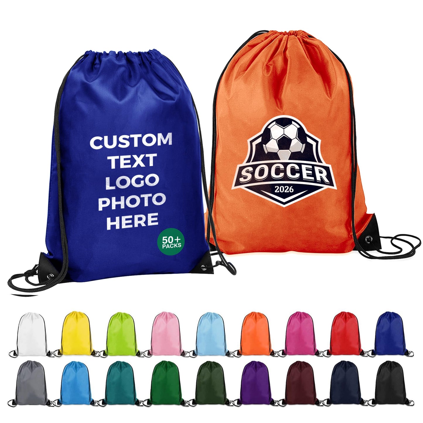 AT1nTen Custom Drawstring Bags 100/200 Pcs Personalized Bulk with Logo Text, Customizable Drawstring Backpack Draw String Back Bag for Gift Gym, Sports, Travel, Events Activities, Promotional Items
