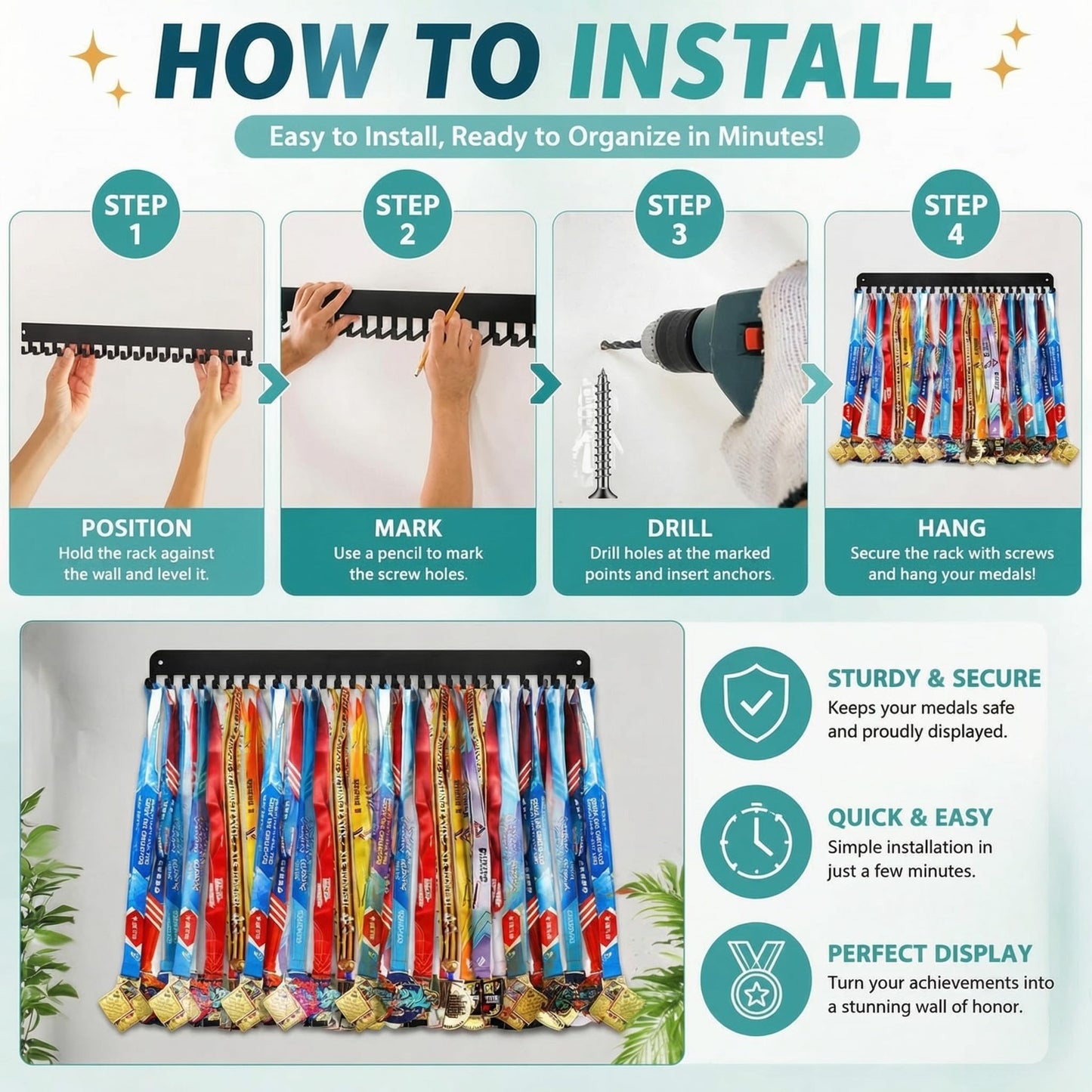 Geetery 4 4 Pack Medal Hanger Display with 20 Hooks Each, Sturdy Steel Wall Mount Medal Holder Rack Holds 60+ Awards for Gymnastics Marathon Sport Runner Soccer Wrestle Swim, Easy to Install (Black)