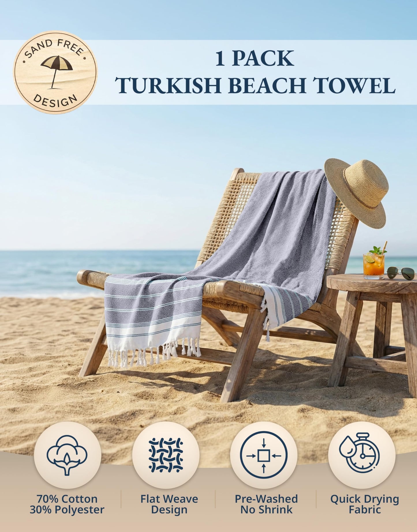 LANE LINEN Turkish Beach Towels, Extra Large Beach Towel, Pre-Washed for Soft Feel, Oversized Sand Free Quick-Dry Pool Towel, Beach Towels for Adults, 39"x71" - Navy Blazer