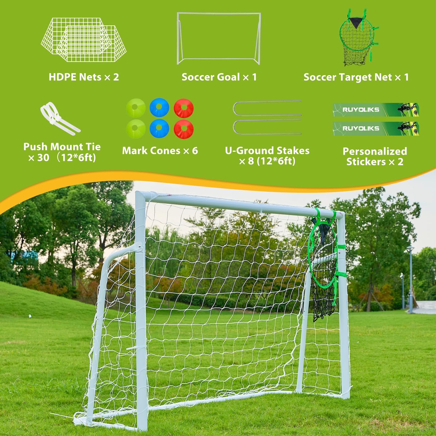 Soccer Goal 12×6, 8×6 and 6×4 FT Soccer Goals for Backyard, 2"Diameter Steel Soccer Goals for Kids and Adults Large soccer goal Powder Coated Galvanized Steel Post With Soccer Target Net for Training