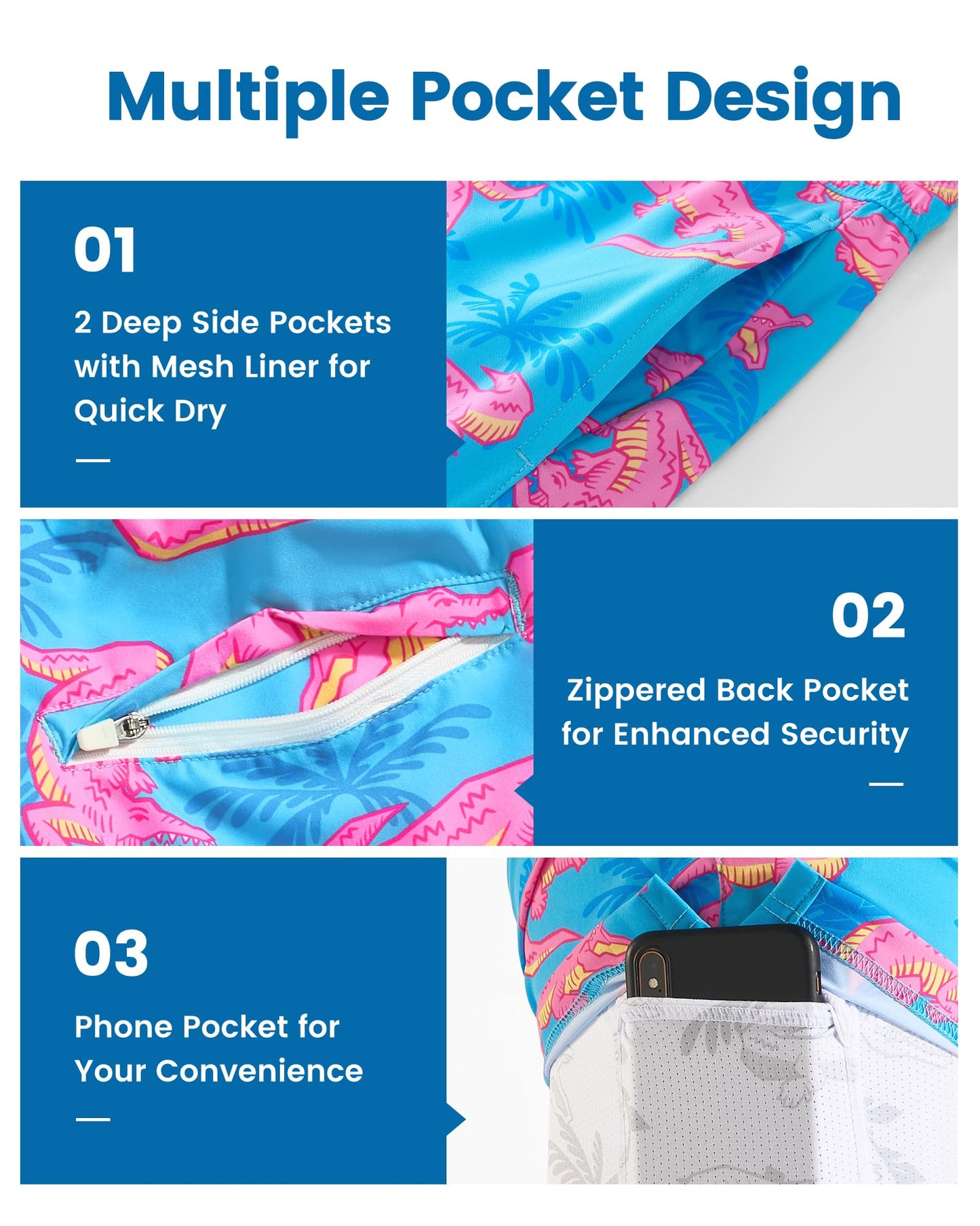 maamgic Mens Swim Trunks with Compression Liner 7 Inch Inseam Mens Bathing Suit Quick Dry Swimming Trunks Swimsuit Blue and Pink Crocodile Large