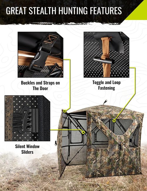 TIDEWE See Through Blind 360° Silent with Swing Door, 2-3/3-4 Person Pop Up Ground Blind with Detachable Blackout Panel & Carrying Bag, Portable Resilient Tent