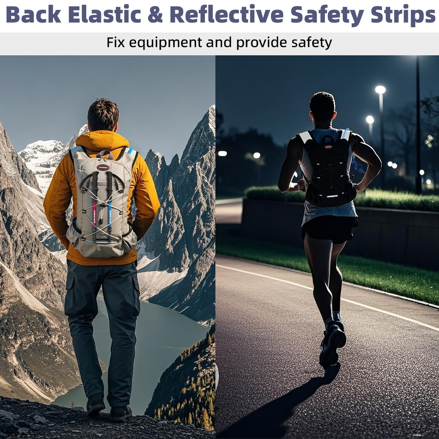 2 Pack Hydration Backpack Pack with 2L Hydration Bladders, TNYSPORT Lightweight Breathable Water Backpack with Multiple Pockets, Reinforced Shoulder Straps for Hiking, Running, Biking (Black and Gray)