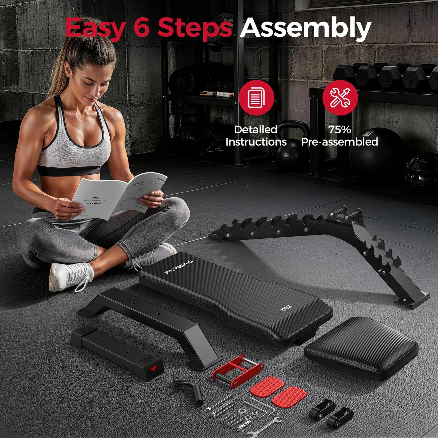 FLYBIRD WB7 Weight Bench, Commercial Grade Adjustable Weight Bench - 1300LBS Workout Bench for Home Gym, Flat Incline Bench Press Heavy Duty Bench with 34'' Extra-Long Backrest and Easy-Roll Wheels