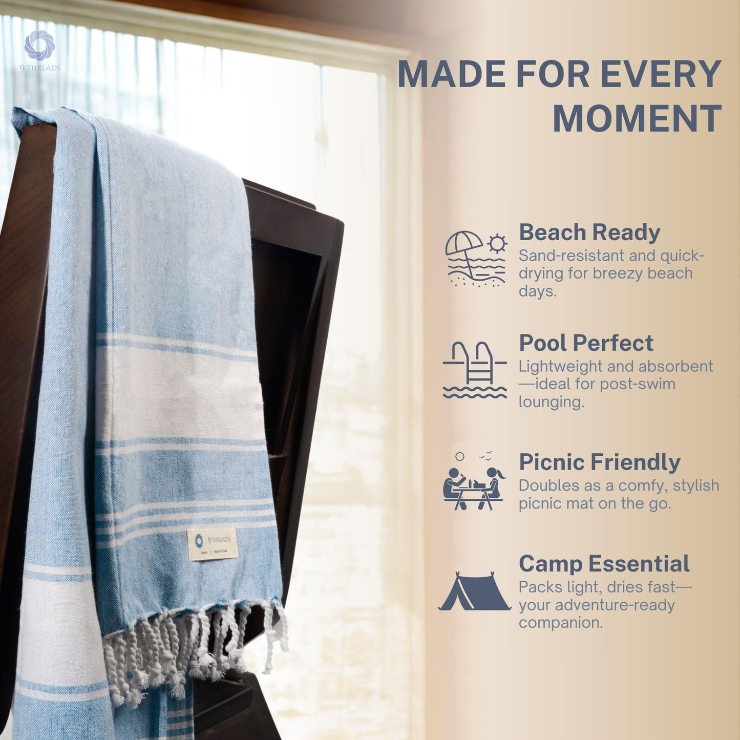 9Threads Cotton Turkish Beach Towel with Towels Oversized 36"x72" Pool Absorbent Extra Large Quick Dry Sand Travel Towel (Sky Blue, 4 Pack)