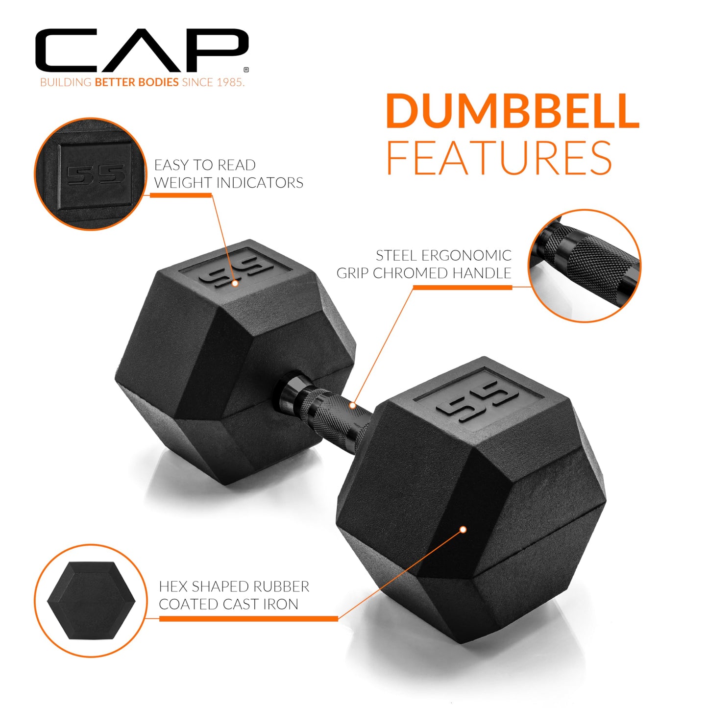 CAP 55 LB Rubber Coated Hex Dumbbell Weight, Rubber Free Weights for Home Gym Strength Training, Black Oxide Handle, Single