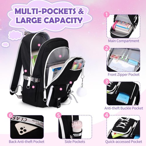 ACESAK Backpacks for Girls, Girls Backpack with Lunch Box and Pencil Case for Teen Kids Elementary Middle High School College Student, Children School Backpack Bookbag with USB Charging Port (Black)