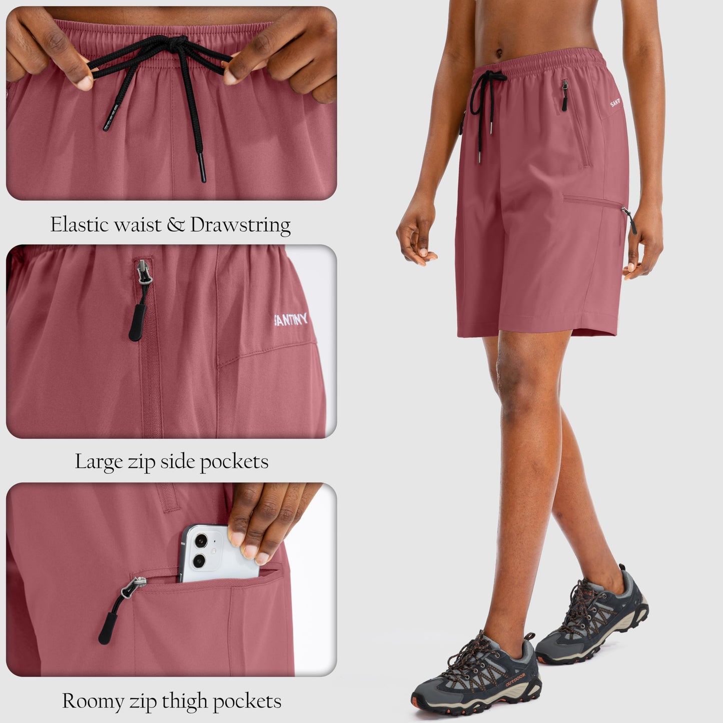 SANTINY Women's 5''/ 7''/9'' Hiking Cargo Shorts Quick Dry Lightweight Summer Shorts for Women Athletic Zipper Pockets(Dusty Pink_L)