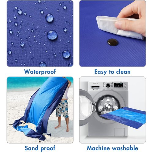 LinaLife Gradient Blue Sandproof Beach Blanket Oversized Sand Free Beach Mat Lightweight Outdoor Picnic Blanket Anchored with 4 corner sand pockets & Plastic Stakes Proof Quick Drying Compact