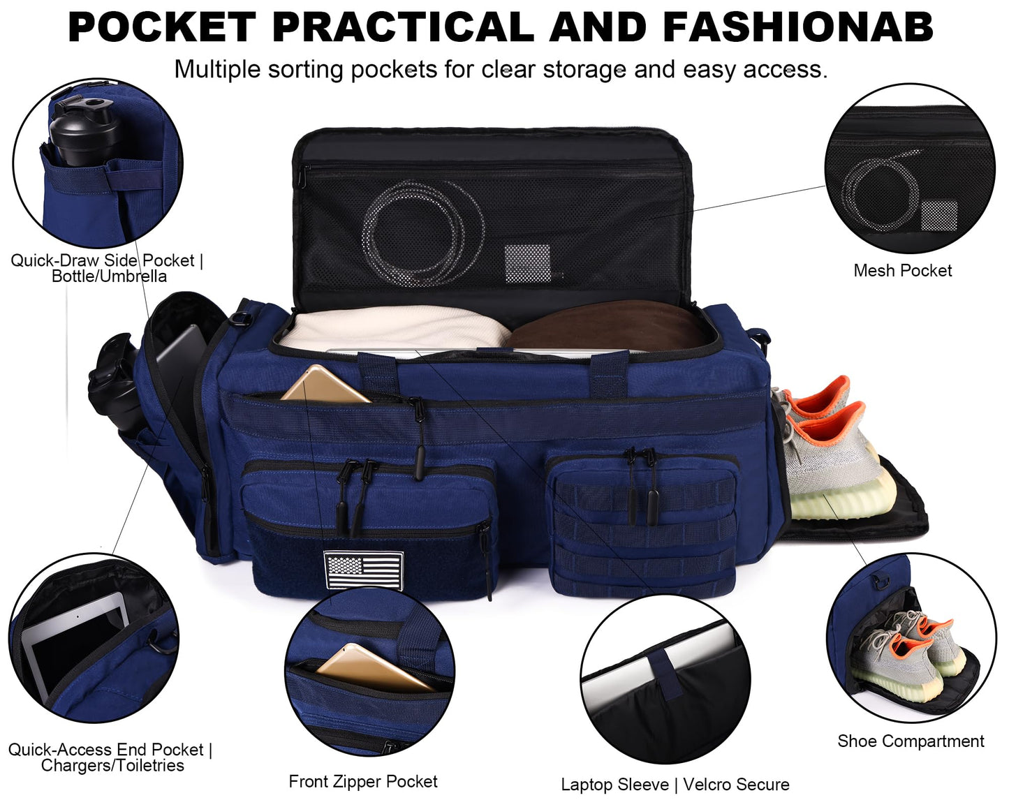 LHI 50L Tactical Duffle Bag for Men, 3-in-1 Gym Duffle and Backpack, Shoe Compartment, Laptop Sleeve and MOLLE, Carry-On Travel Weekender and Overnight Bag – Blue