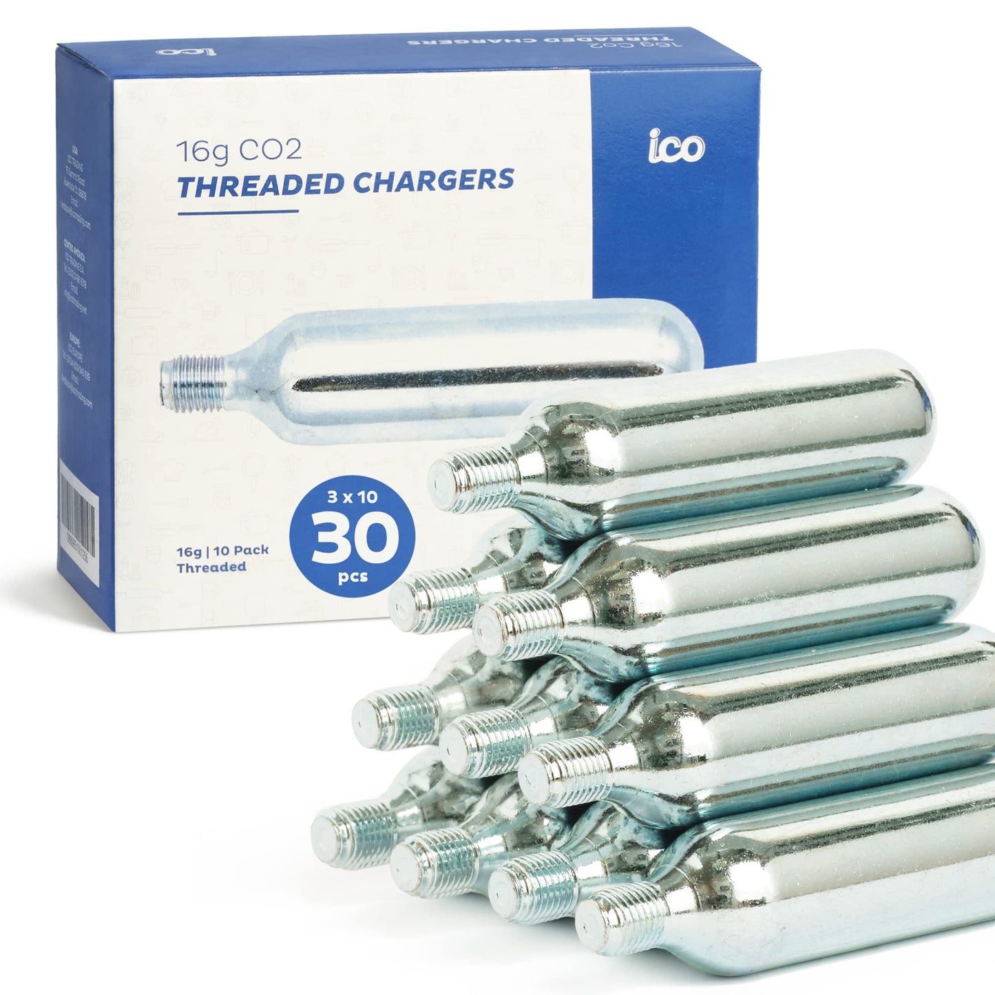 ICO 16g Co2 Cartridges (30 pack), Handheld, Alloy Steel, Food Grade, 100 psi, Automatic, Leak Proof, Two-year Guarantee, Ideal for Bike Tires & Beverage Devices
