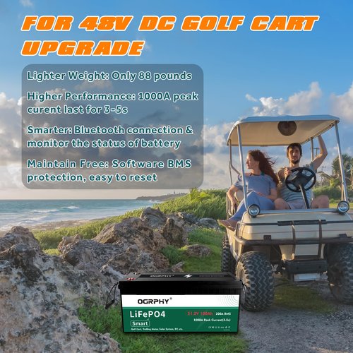 OGRPHY 48 Volt Lithium Battery for Golf Cart with 18A Charger, 48V Lithium Battery with 200A BMS, LCD & Mobile Monitor, 5.12kWh with 10.24kW Output, 1000A Peak Current for Golf Cart