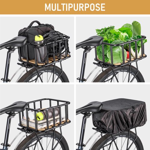 CXWXC Rear Bike Basket - Large Bicycle Rear Basket with Cargo Net and Waterproof Cover, Wooden Base Baskets Rear Large Capacity