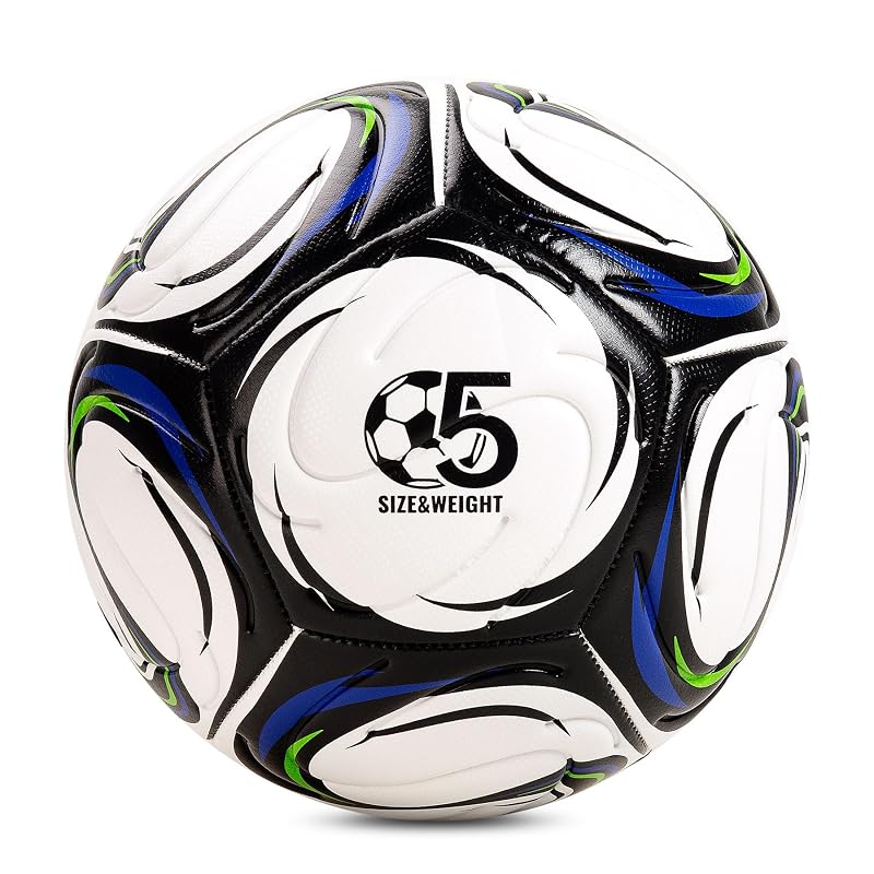Soccer Ball Size 5 with Pump - Durable Indoor/Outdoor Training Ball, White with Black Panels