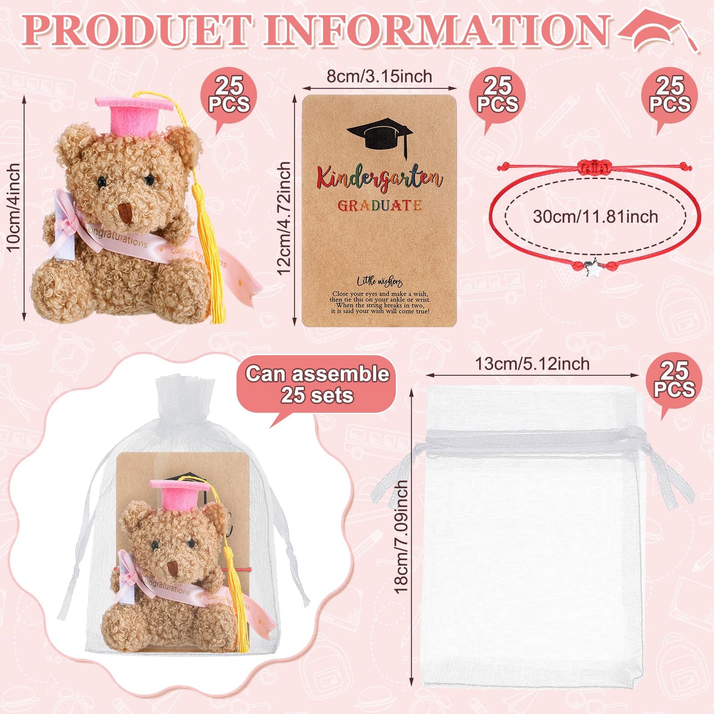 Motionchic 50 Pcs 2026 Kindergarten Graduation Bear Bulk Set with 25 Graduation Gift Mini Stuffed Bears 25 Wish Bracelet Organza Bag Card for Kid Child Kindergarten Class of 2026 Party Favors(Pink)
