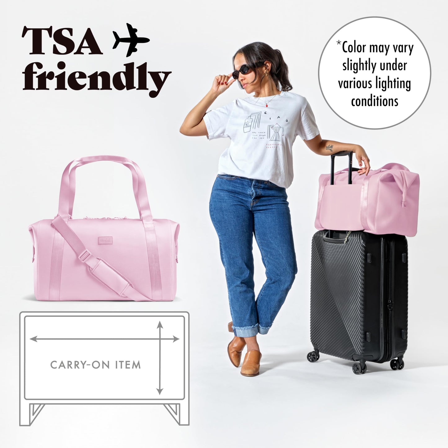 Fit & Fresh Neoprene Weekender Bag for Women – Carry-On Friendly Travel Duffel with Expandable Sides, Trolley Sleeve & Pockets – Lightweight, Water-Resistant Overnight Bag for Weekend Trips, Pink