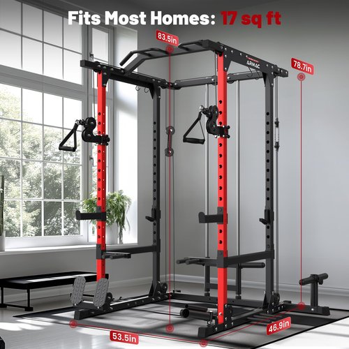 ARMAC Power Cage,1500lbs Multi-Function Power Rack with Adjustable Cable Crossover System and More Training Attachment, Weight Cage for Home Gym (Red01)
