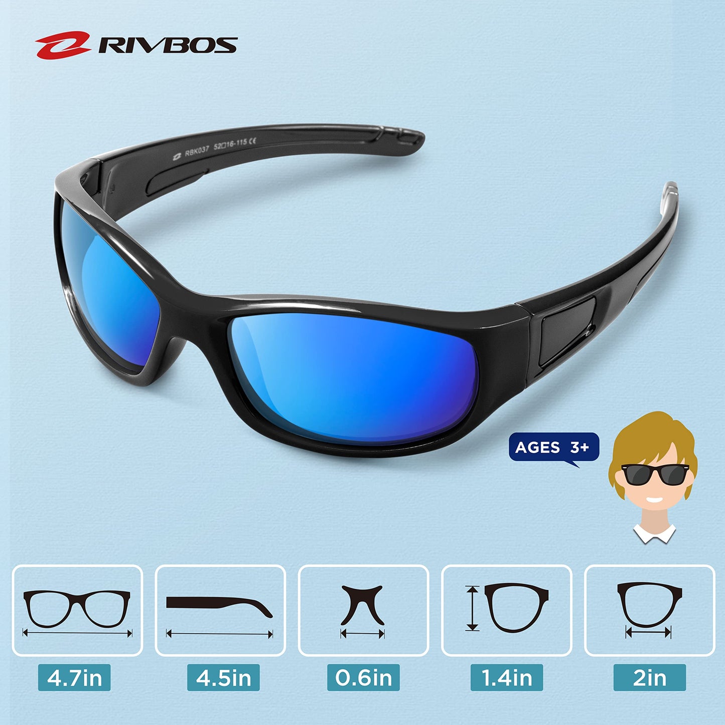 RIVBOS Kids Sunglasses Polarized UV Protection Flexible Rubber Glasses Shades with Strap for Boys Girls RBK037-Black Blue Iced Lens