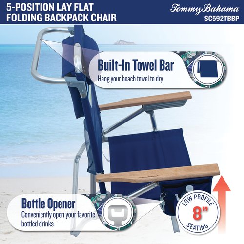 Tommy Bahama 5-Position Classic Lay Flat Folding Backpack Beach Chair, Blue and Green Stripe , 23" x 25.25" x 31.5"