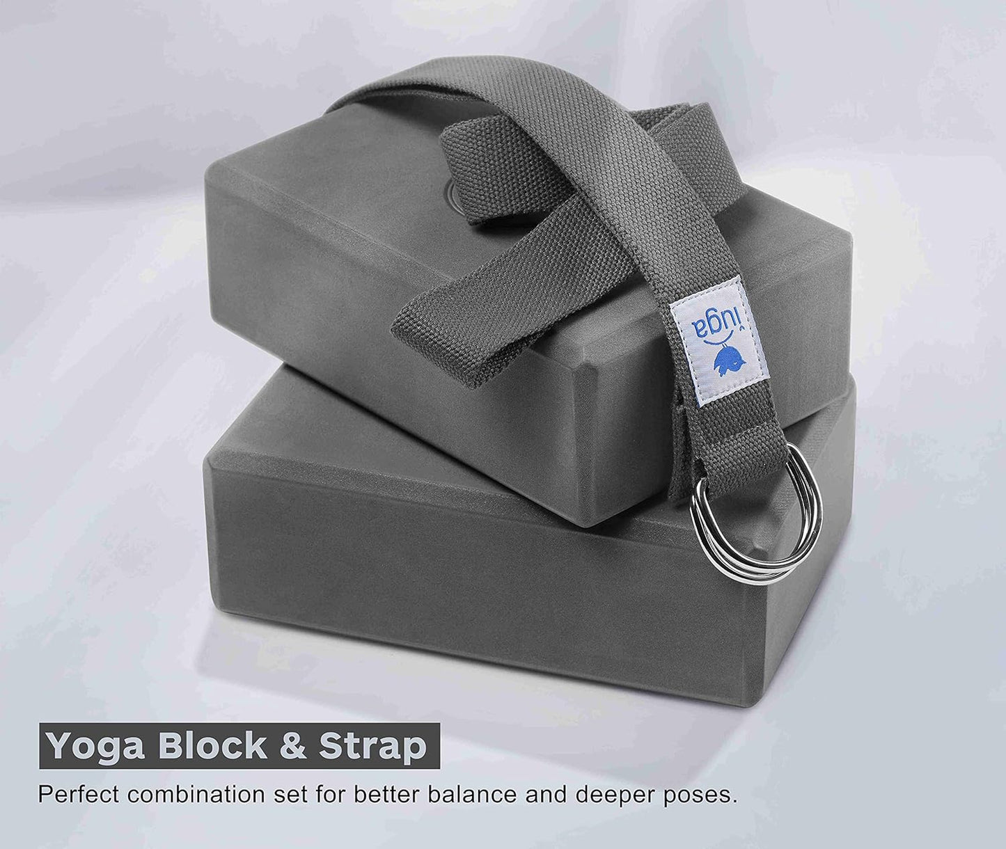 IUGA Yoga Blocks 2 Pack With Strap Non Slip High Density 9"x6"x3" Solid & Cork Yoga Block With Yoga Strap to Improve Strength Balance for Yoga Pilates Meditation