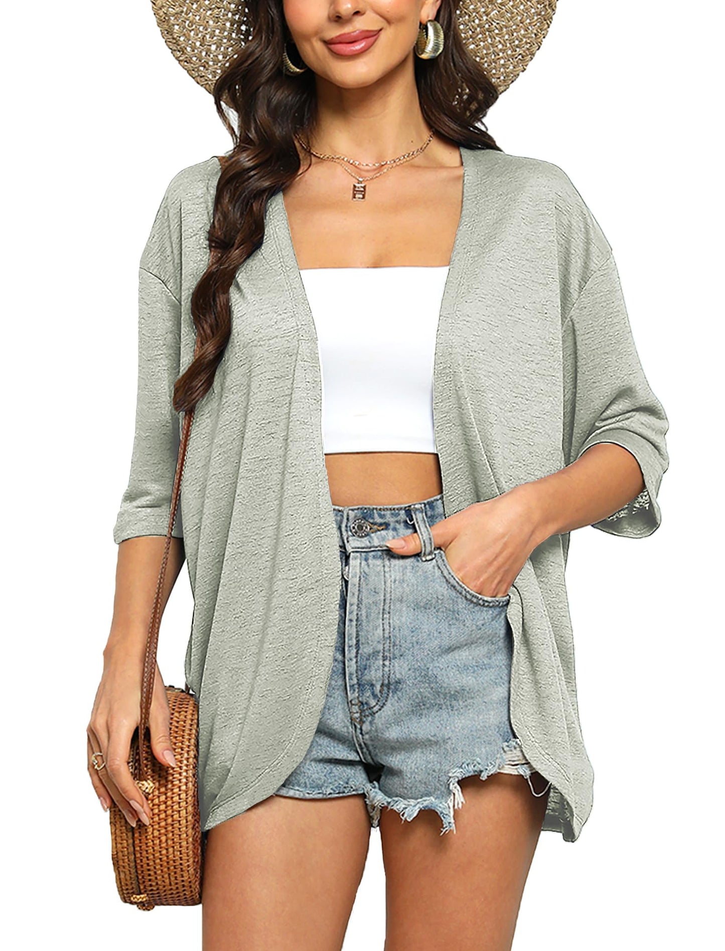 Yekaty Short Sleeve Cardigans for Women Summer Lightweight Kimono 3/4 Sleeve Cover Up Grey Green L