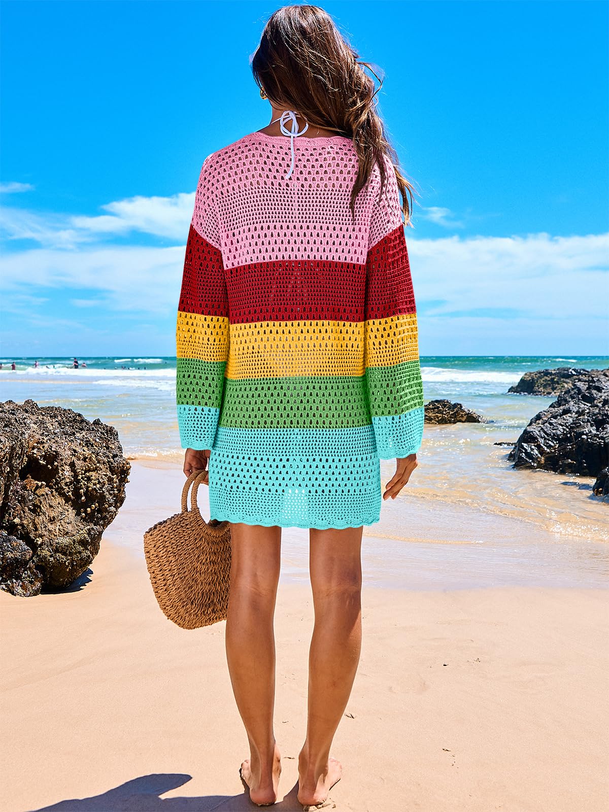 ANRABESS Women Swimsuit Crochet Swim Cover Up 2026 Summer Bathing Suit Swimwear Mesh Knit Beach Dress Vacation Outfits Rainbow Stripe X-Large
