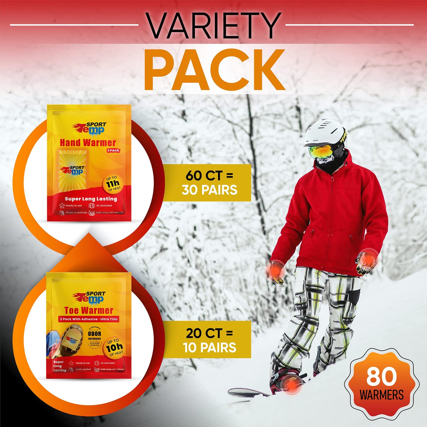 Hand & Toe Warmers - Variety Pack, 30 Pairs Hand Warmers, 10 Pairs Toe Warmers With Adhesive - Safe, Easy, All Natural - Air Activated, Body, Hands & Toes -Odorless Hot Hand & Toe Warmer - Sport Temp