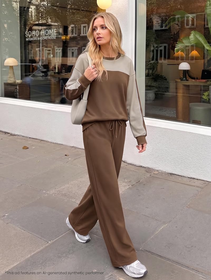 Casual 2-Piece Lounge Set for Women - Colorblock Knit Top & Wide-Leg Pants (Brown, Medium)